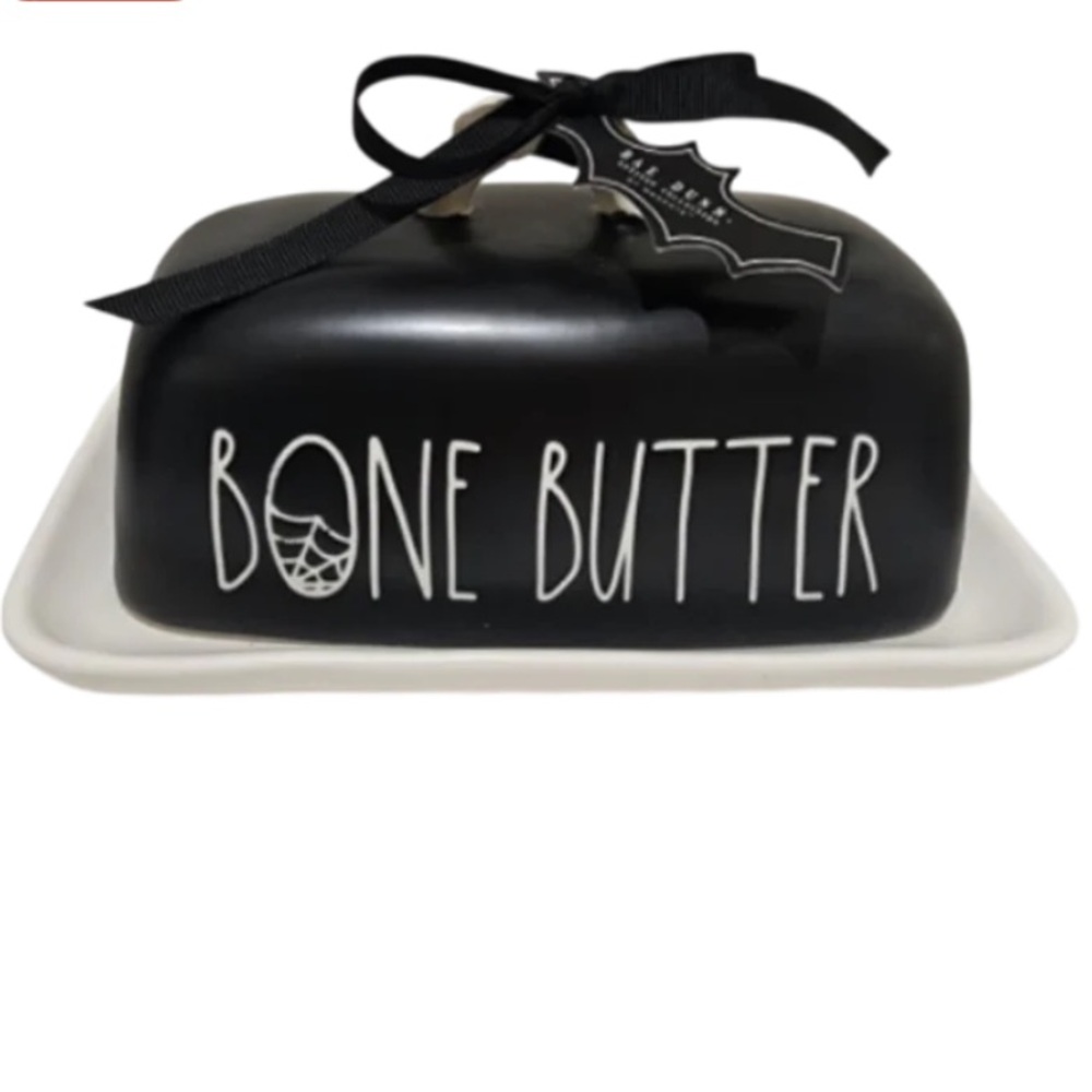 Rae Dunn BONE BUTTER Halloween Butter Dish Black Ceramic Bone Handle NWT